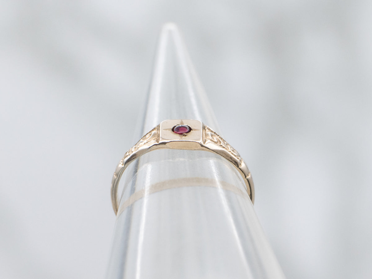 Antique Flush Set Garnet Engraved Gold Baptism Ring