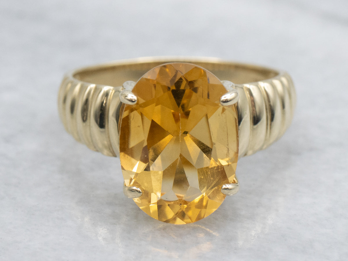 Grooved Gold Oval-Cut Citrine Ring