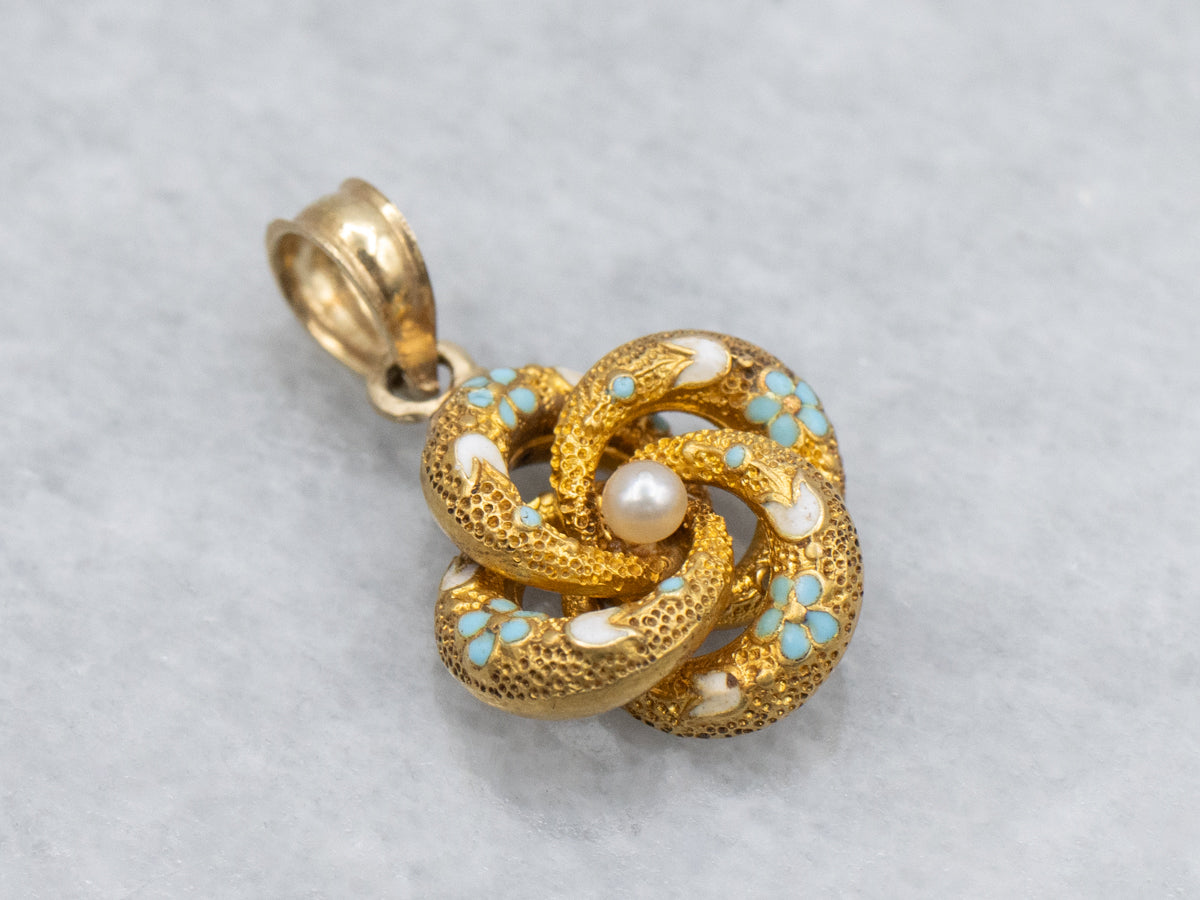 Antique Gold and Seed Pearl Stickpin Conversion Lovers Knot Pendant