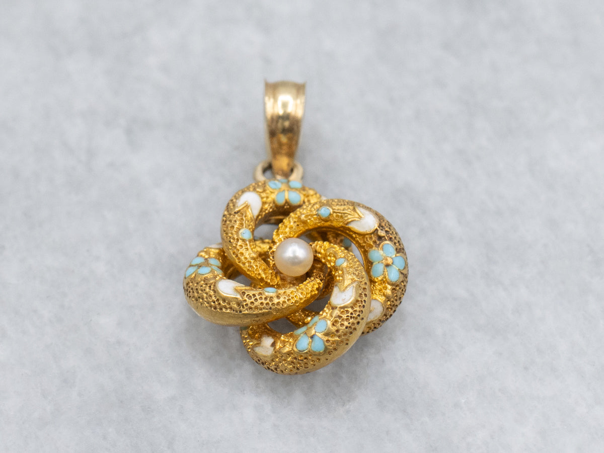 Antique Gold and Seed Pearl Stickpin Conversion Lovers Knot Pendant