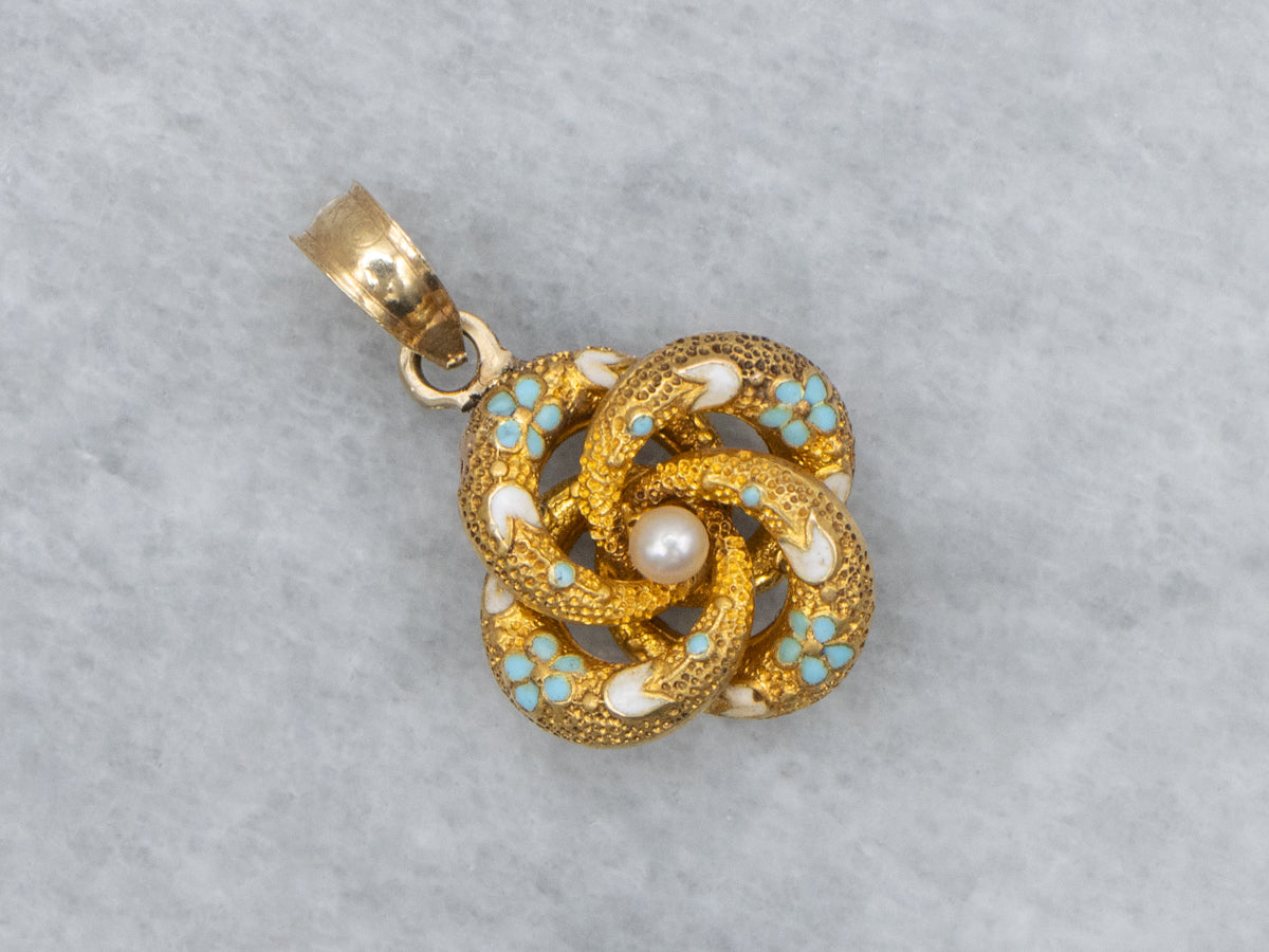 Antique Gold and Seed Pearl Stickpin Conversion Lovers Knot Pendant