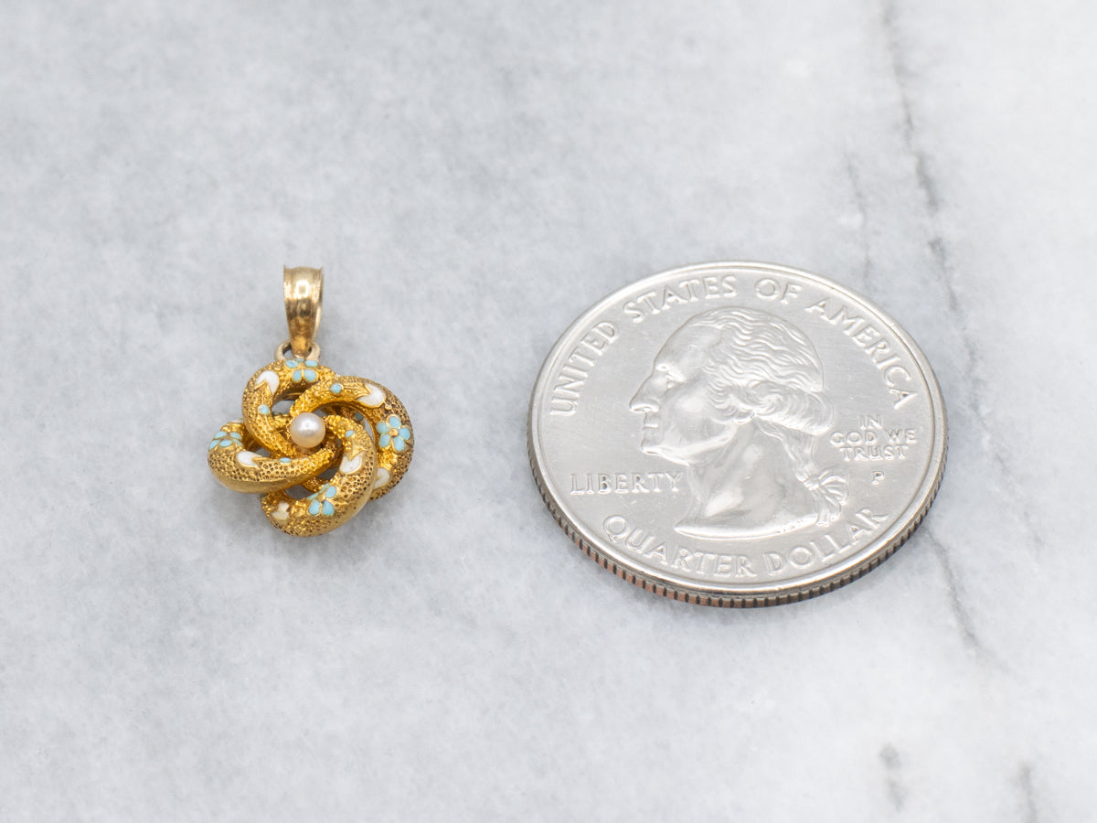 Antique Gold and Seed Pearl Stickpin Conversion Lovers Knot Pendant