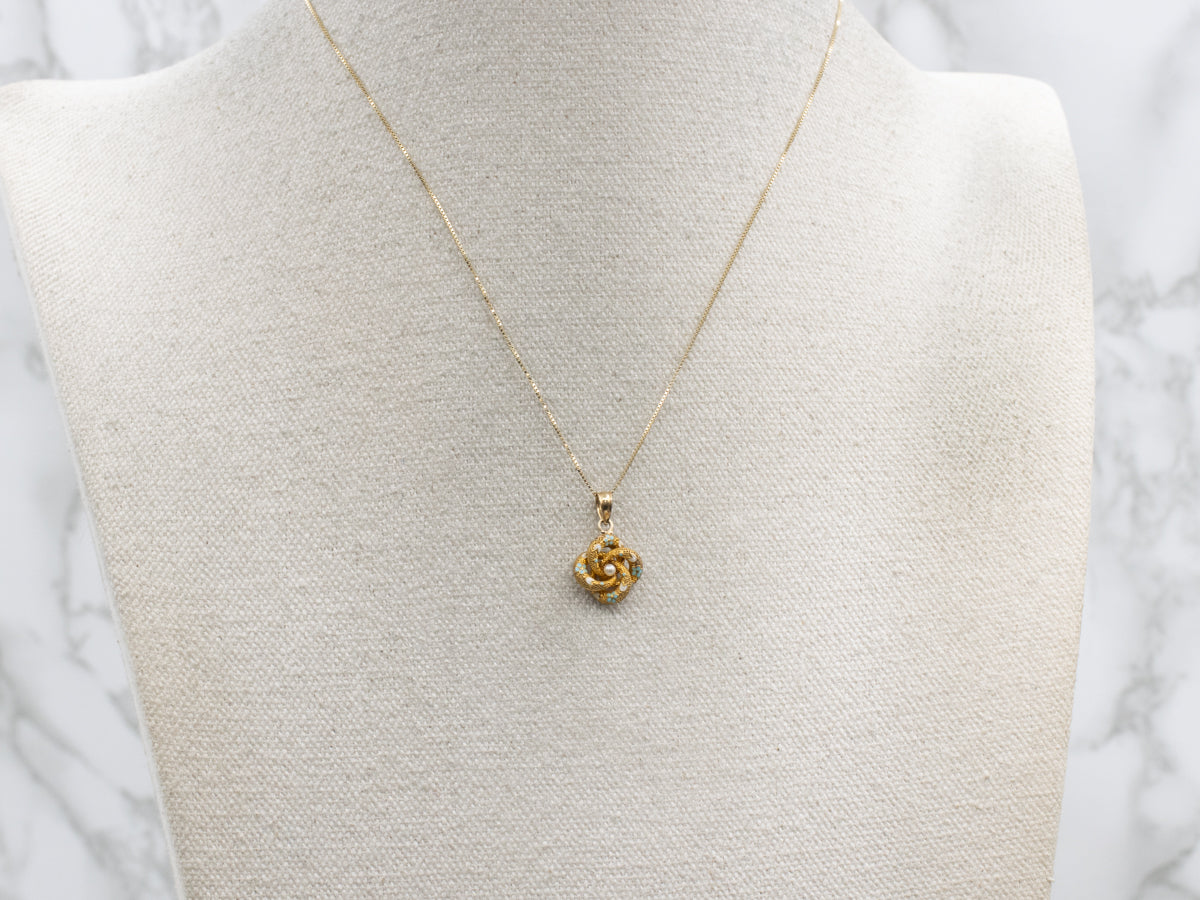 Antique Gold and Seed Pearl Stickpin Conversion Lovers Knot Pendant