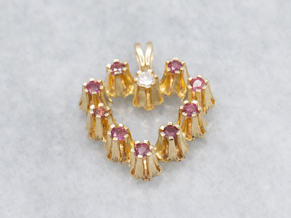 Yellow Gold Ruby and Diamond Heart Pendant