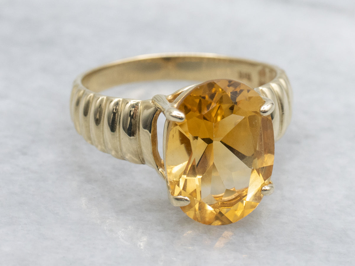 Grooved Gold Oval-Cut Citrine Ring