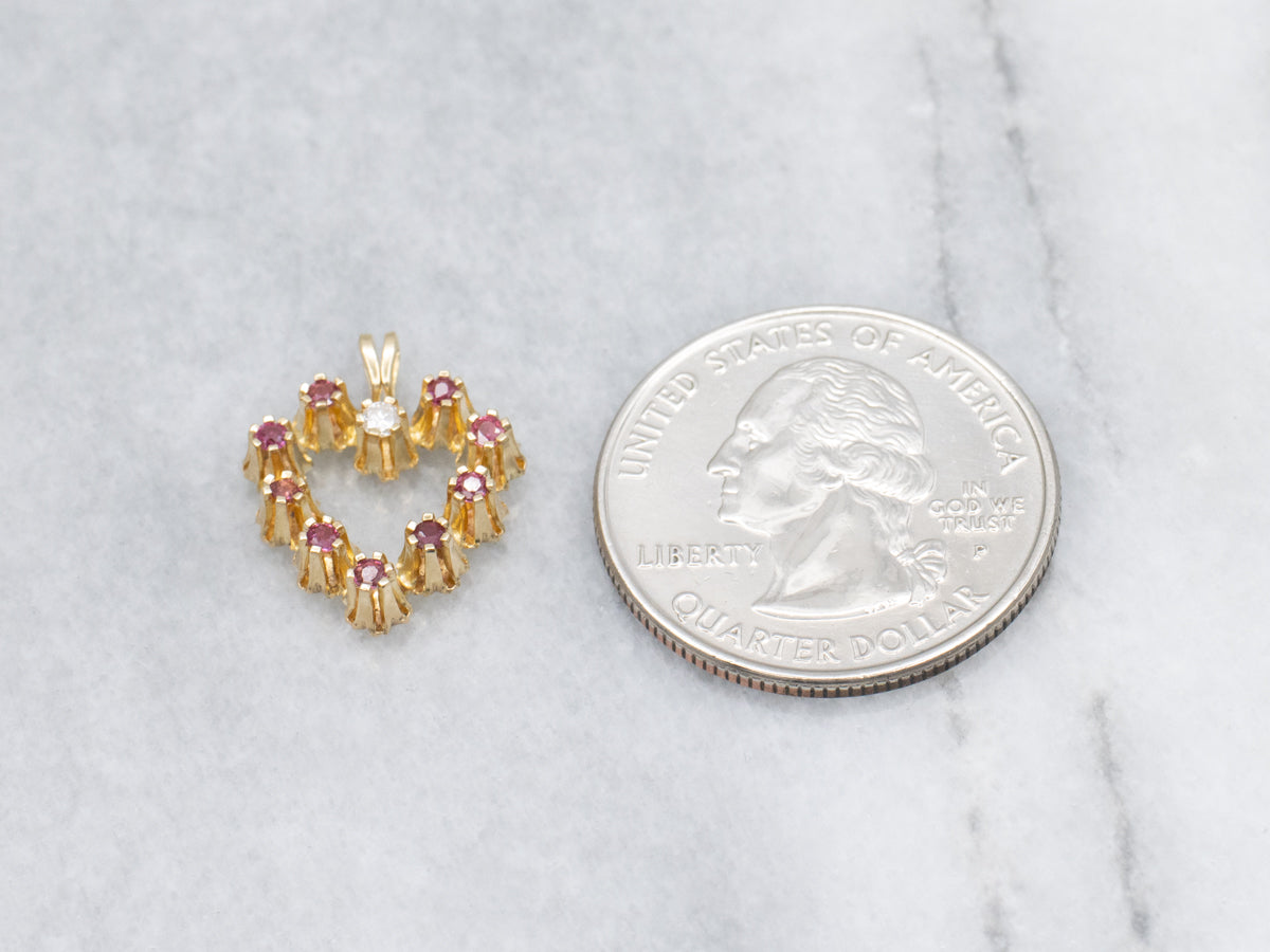 Yellow Gold Ruby and Diamond Heart Pendant