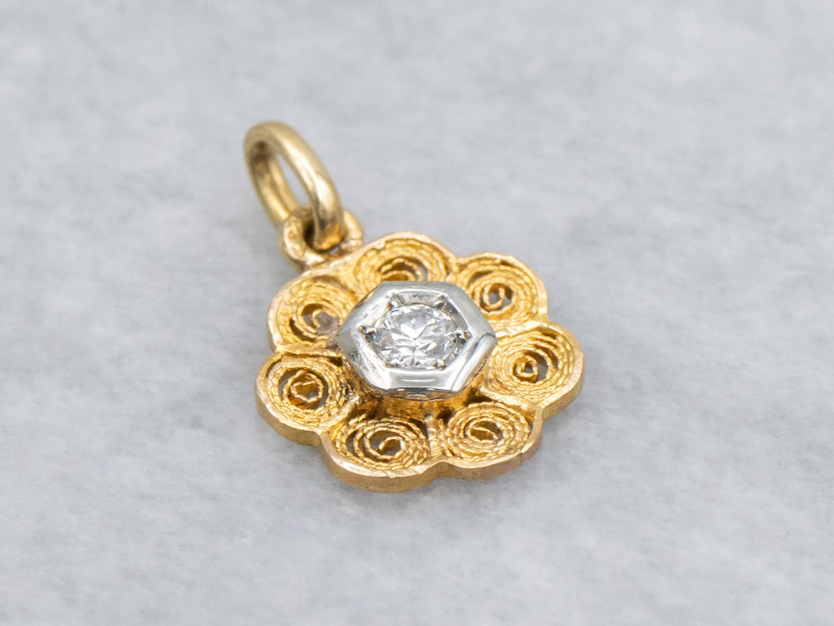 European Cut Diamond Swirl Filigree Flower Two Tone Pendant