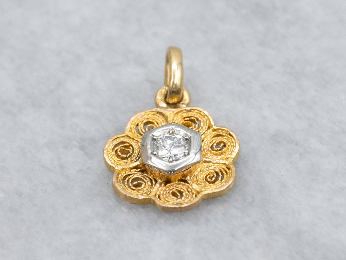 European Cut Diamond Swirl Filigree Flower Two Tone Pendant