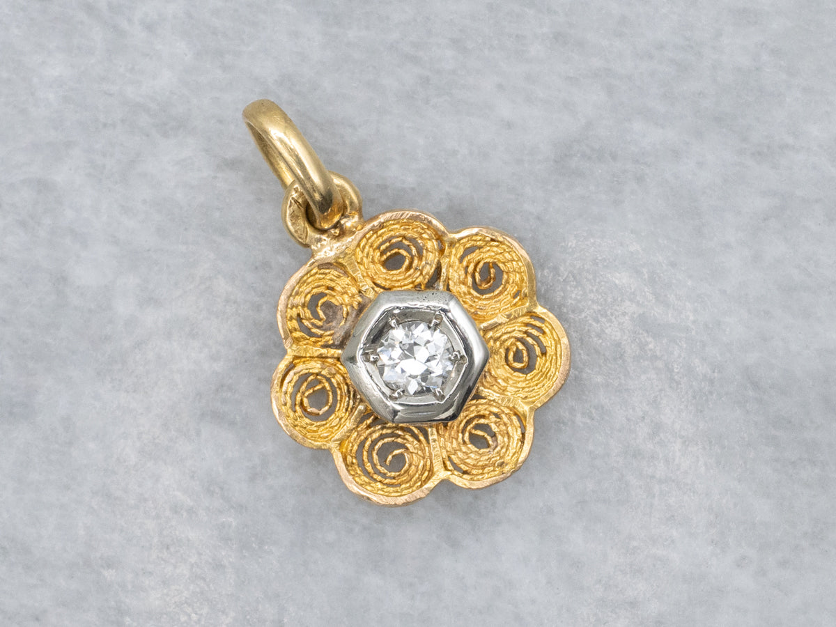 European Cut Diamond Swirl Filigree Flower Two Tone Pendant