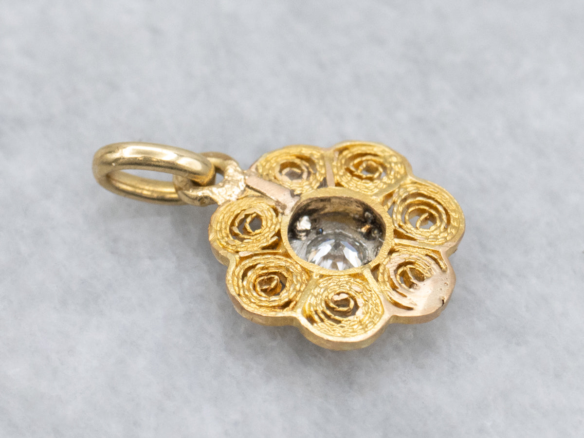 European Cut Diamond Swirl Filigree Flower Two Tone Pendant