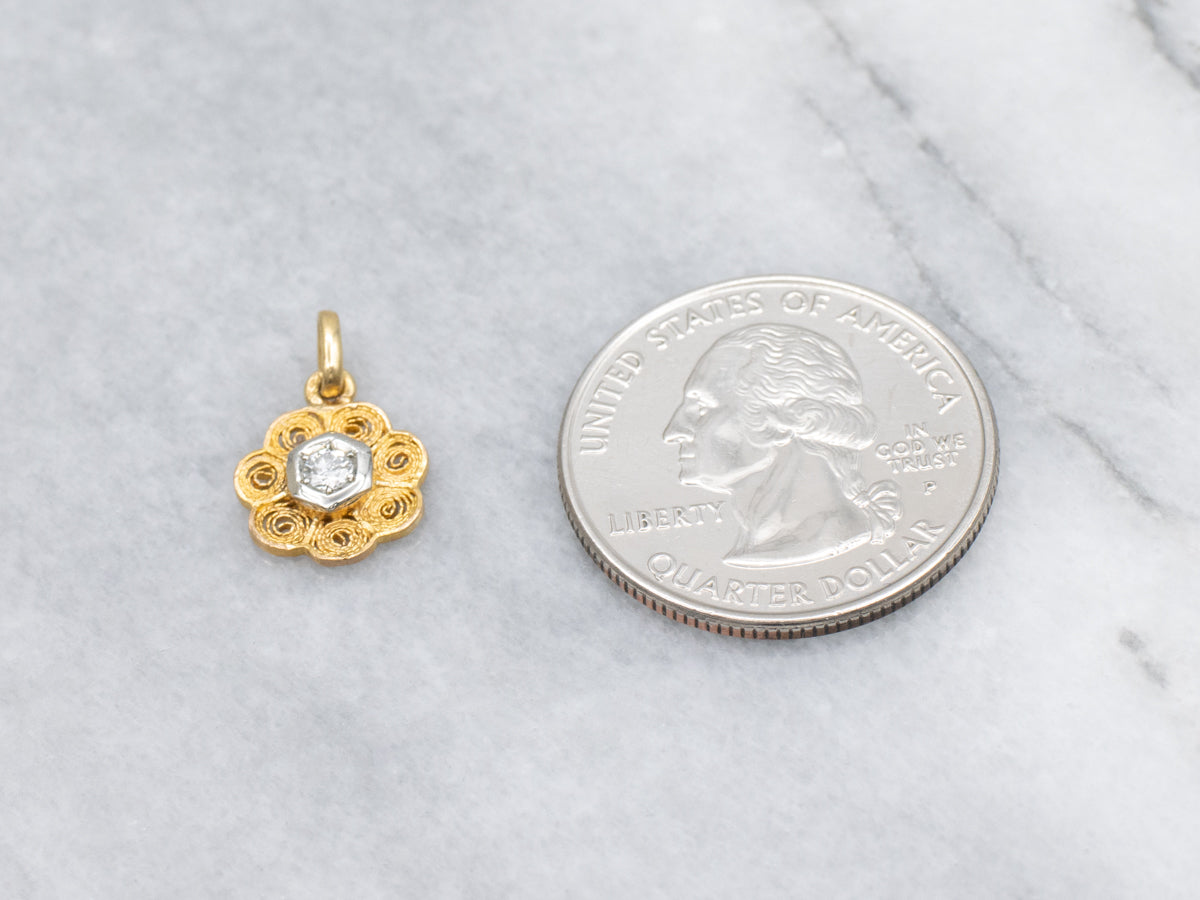 European Cut Diamond Swirl Filigree Flower Two Tone Pendant