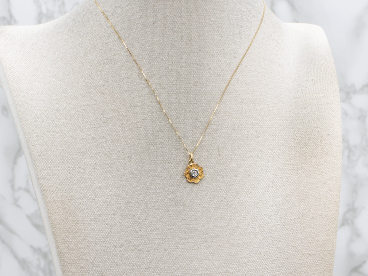 European Cut Diamond Swirl Filigree Flower Two Tone Pendant