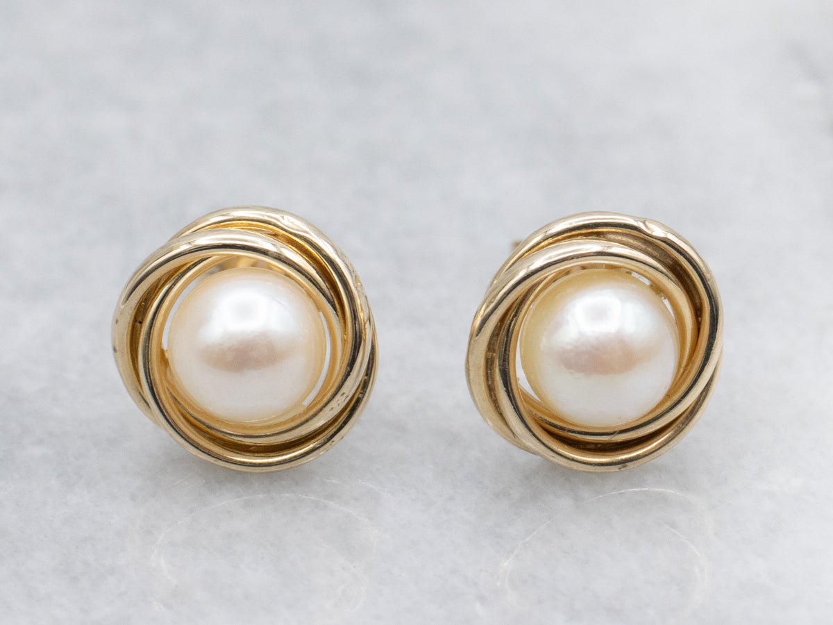 Saltwater Pearl Yellow Gold Twist Setting Stud Earrings