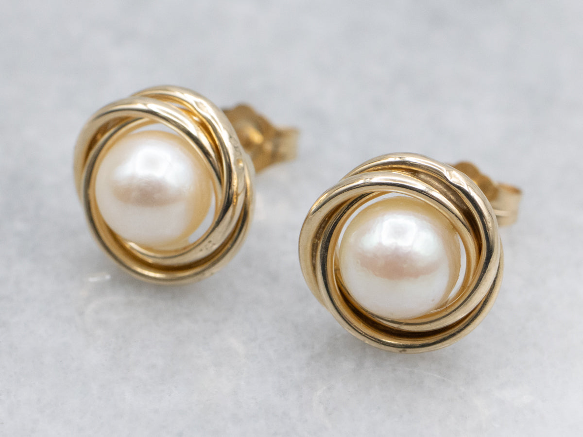 Saltwater Pearl Yellow Gold Twist Setting Stud Earrings