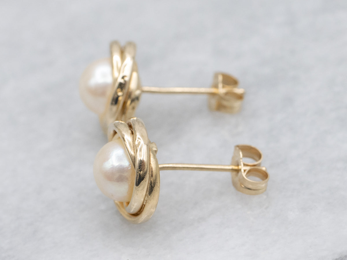 Saltwater Pearl Yellow Gold Twist Setting Stud Earrings