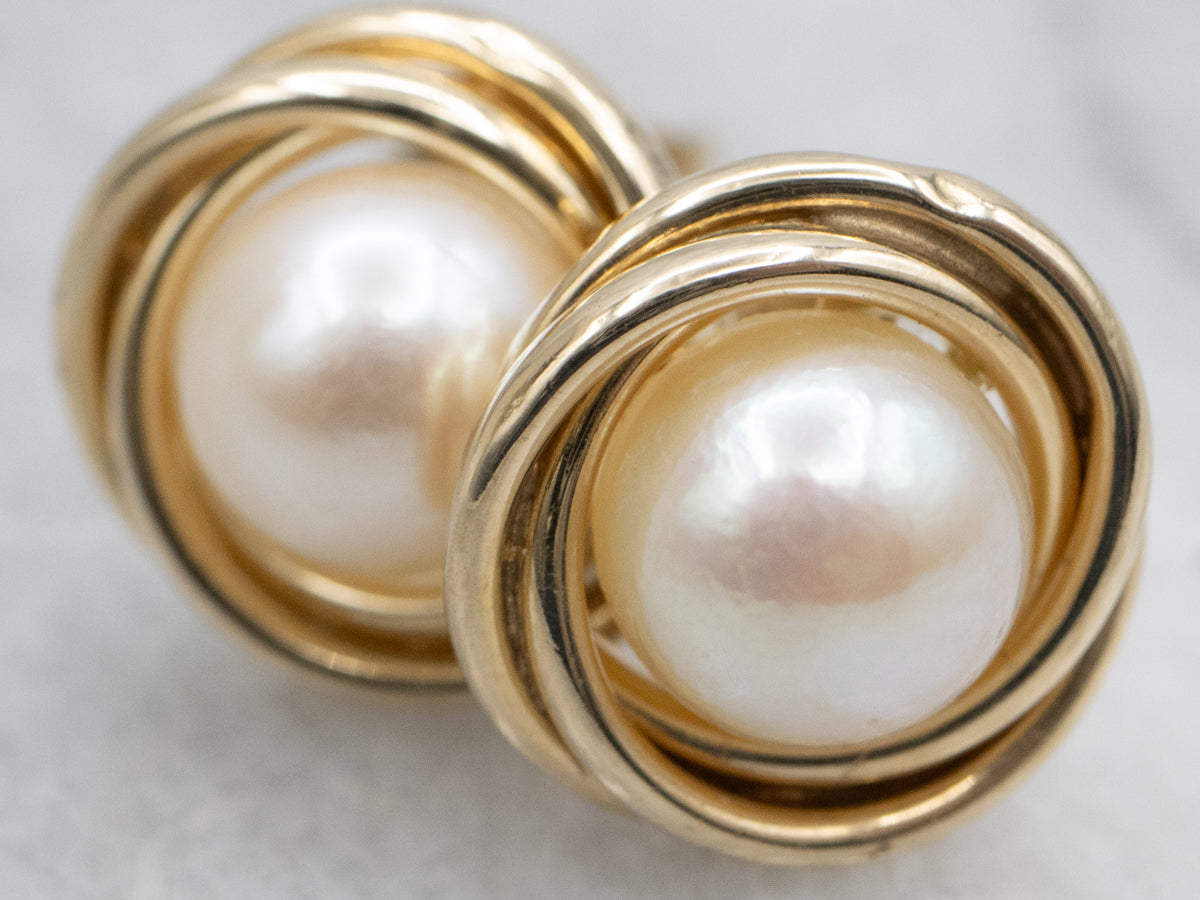 Saltwater Pearl Yellow Gold Twist Setting Stud Earrings