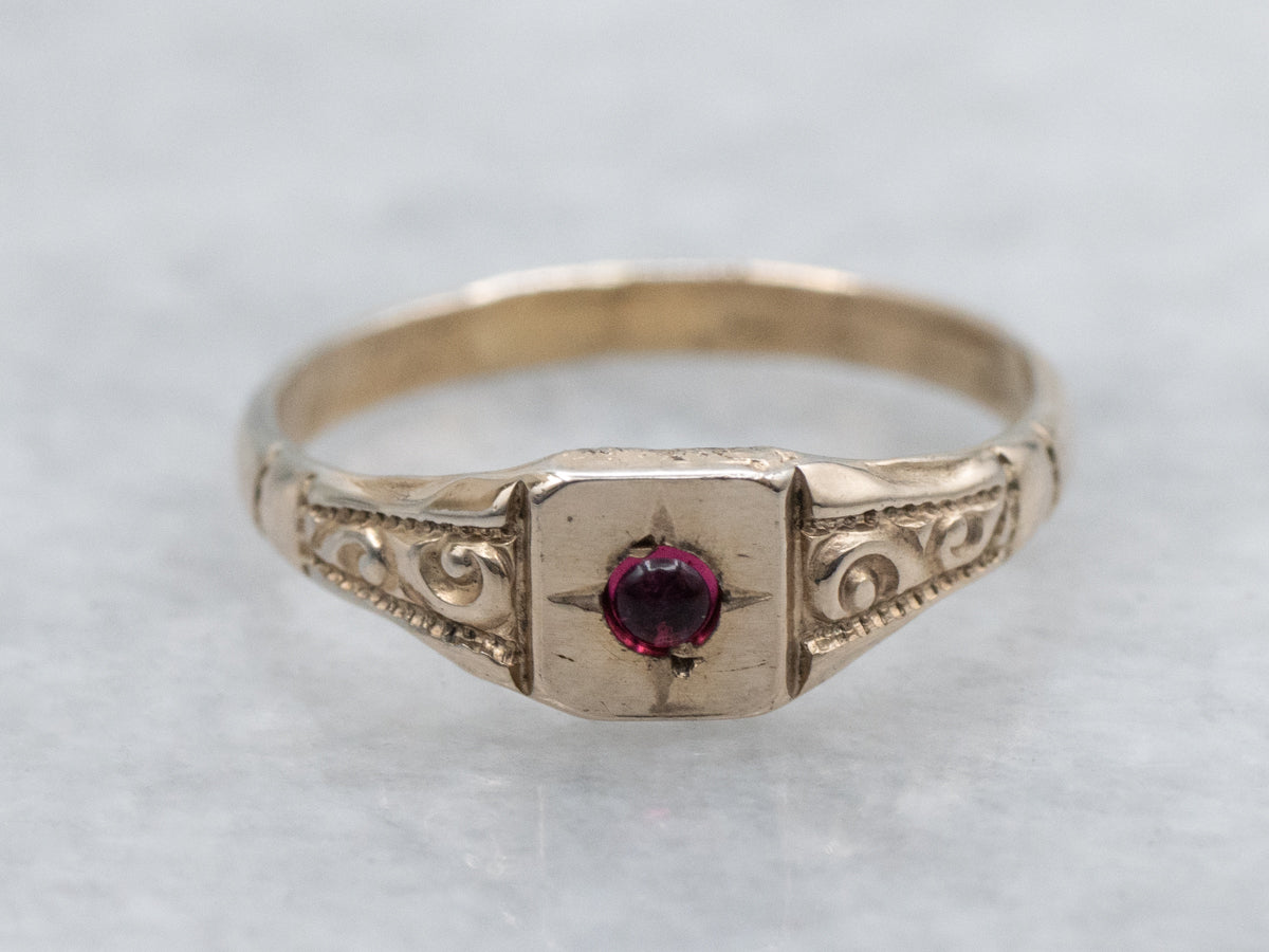 Antique Flush Set Garnet Engraved Gold Baptism Ring
