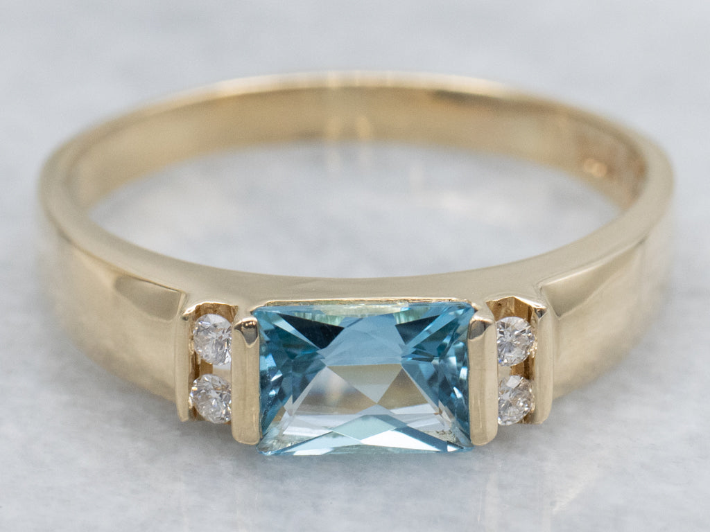 East-West Set Blue Topaz and Diamond Yellow Gold Ring