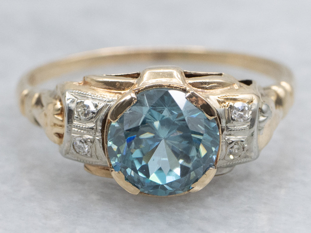 Retro 1950s Blue Zircon and Diamond Two-Tone Gold Ring