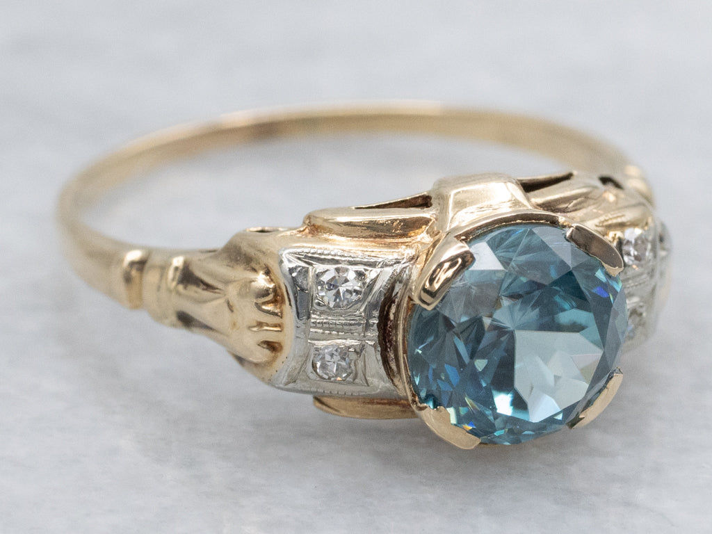 Retro 1950s Blue Zircon and Diamond Two-Tone Gold Ring