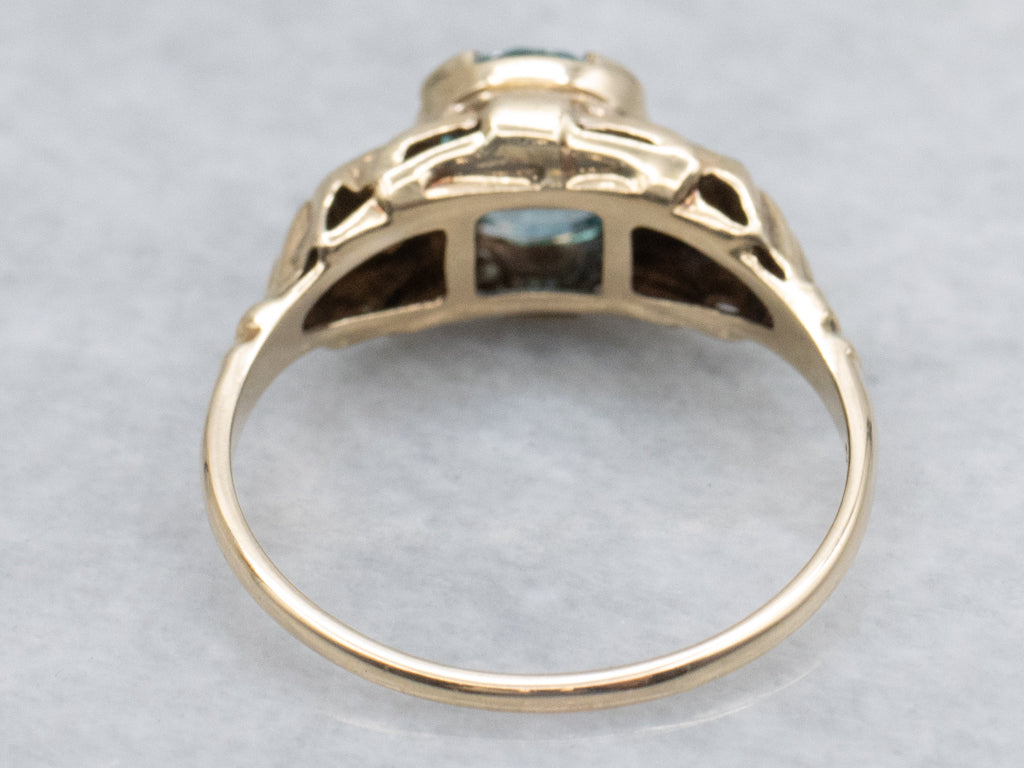 Retro 1950s Blue Zircon and Diamond Two-Tone Gold Ring