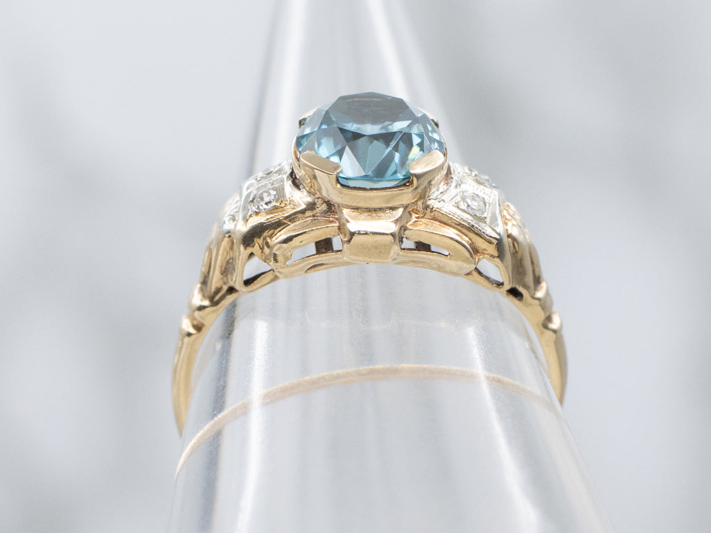 Retro 1950s Blue Zircon and Diamond Two-Tone Gold Ring