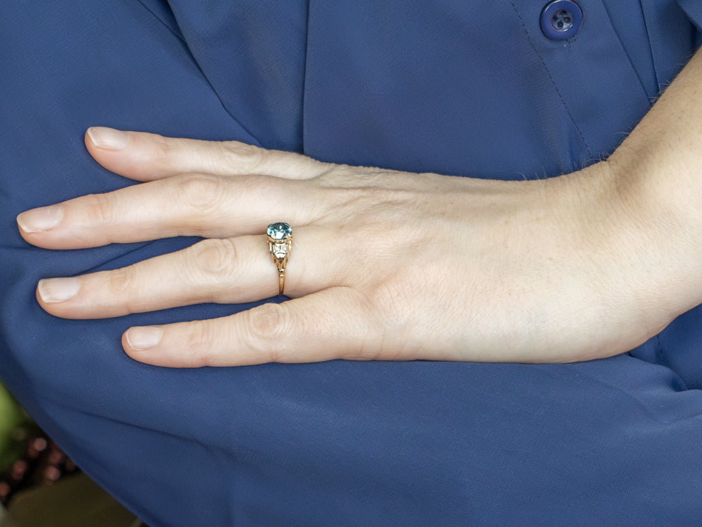 Retro 1950s Blue Zircon and Diamond Two-Tone Gold Ring