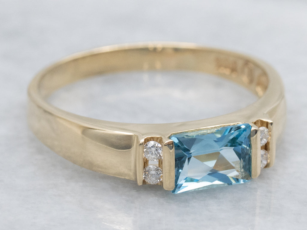 East-West Set Blue Topaz and Diamond Yellow Gold Ring