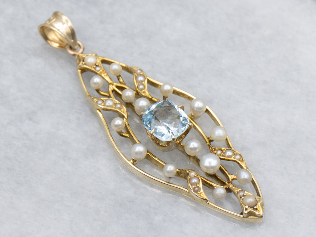 Art Nouveau Era Aquamarine and Seed Pearl Gold Pin Conversion Pendant