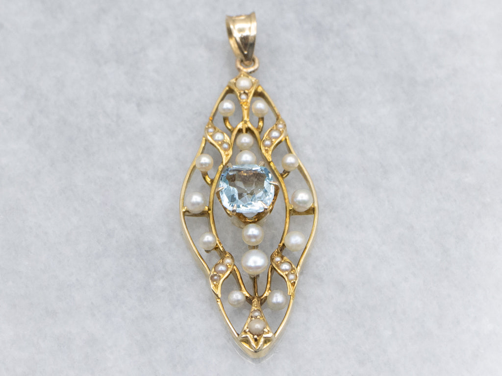Art Nouveau Era Aquamarine and Seed Pearl Gold Pin Conversion Pendant