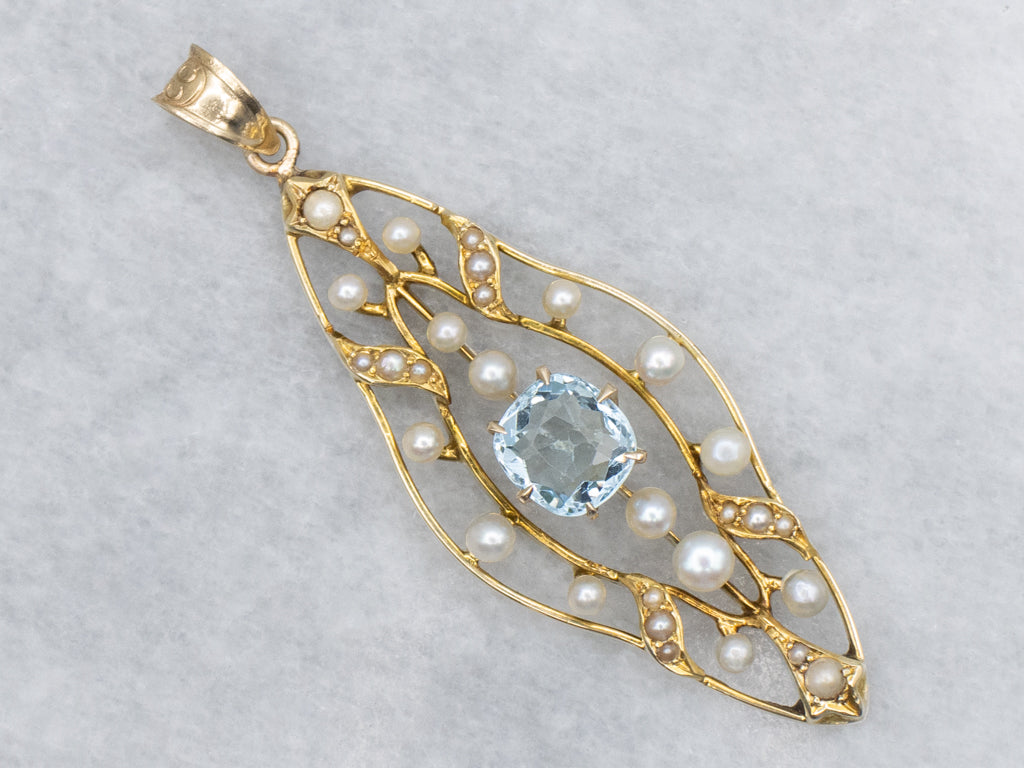 Art Nouveau Era Aquamarine and Seed Pearl Gold Pin Conversion Pendant