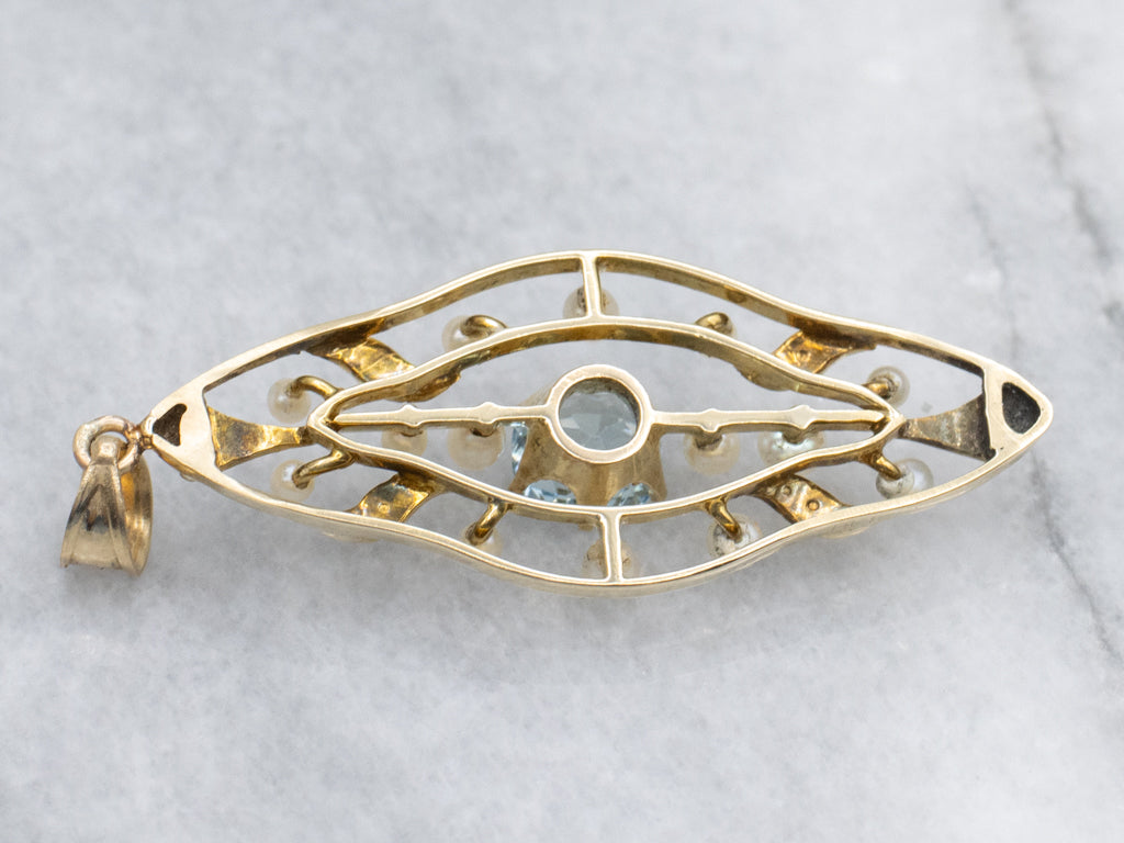 Art Nouveau Era Aquamarine and Seed Pearl Gold Pin Conversion Pendant