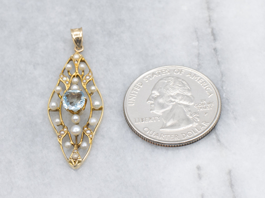 Art Nouveau Era Aquamarine and Seed Pearl Gold Pin Conversion Pendant