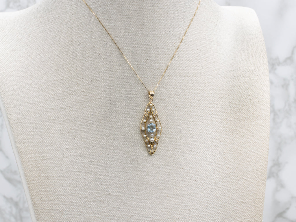 Art Nouveau Era Aquamarine and Seed Pearl Gold Pin Conversion Pendant