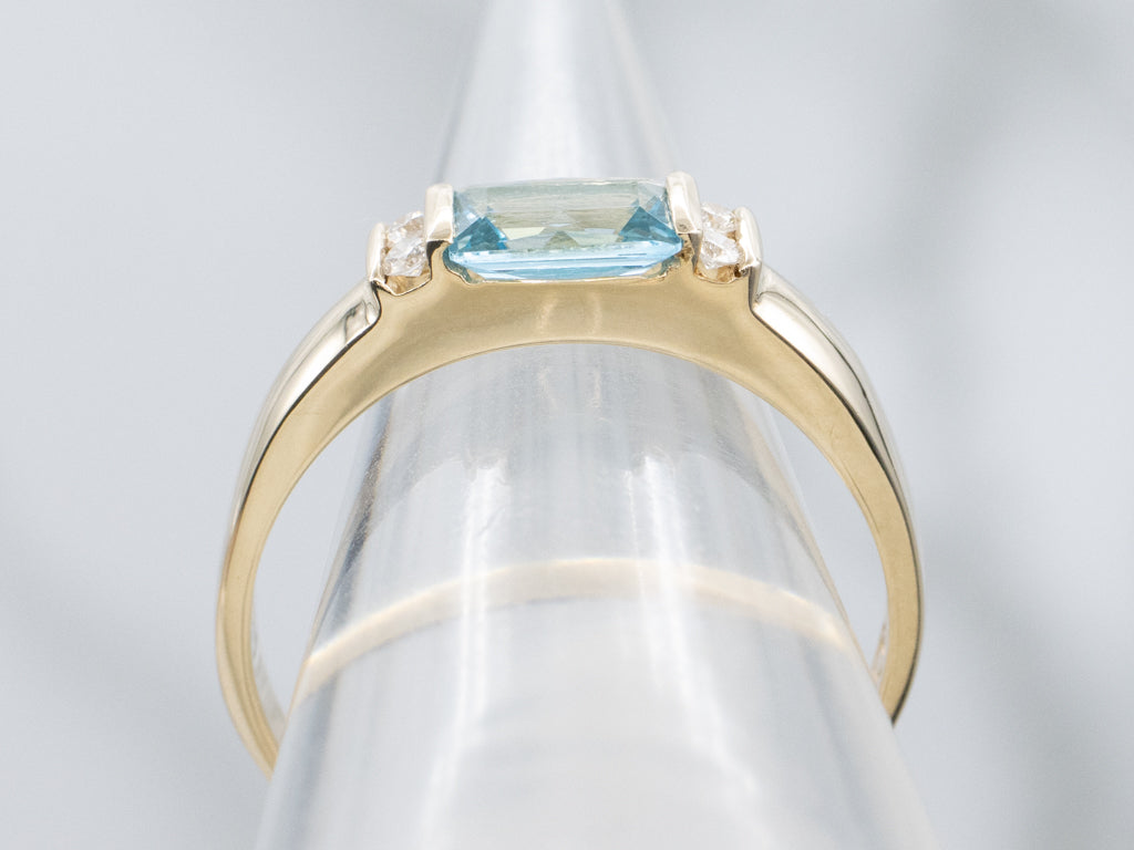 East-West Set Blue Topaz and Diamond Yellow Gold Ring