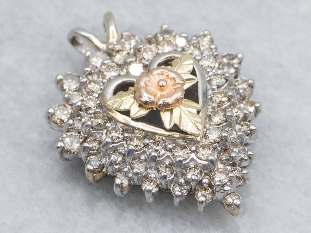 Floral Champagne Diamond Halo Heart Pendant