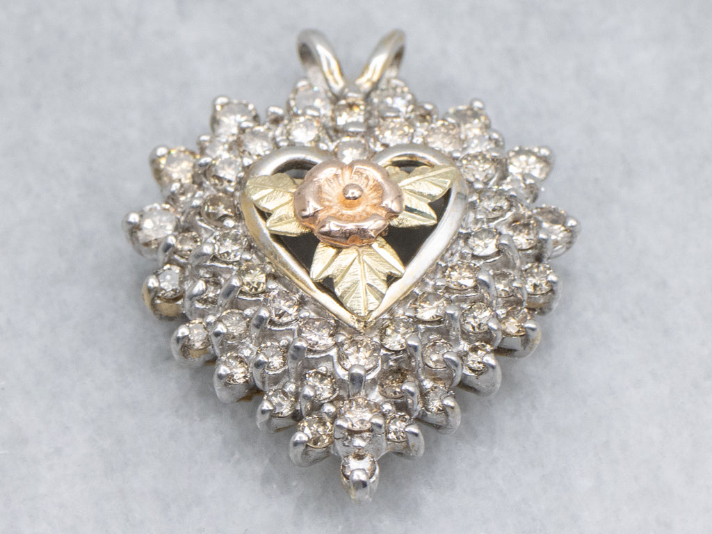 Floral Champagne Diamond Halo Heart Pendant