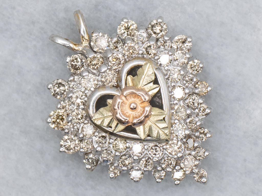 Floral Champagne Diamond Halo Heart Pendant