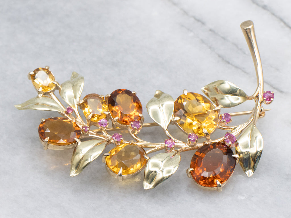 Vintage Autumn Hued Citrine and Ruby Botanical Brooch