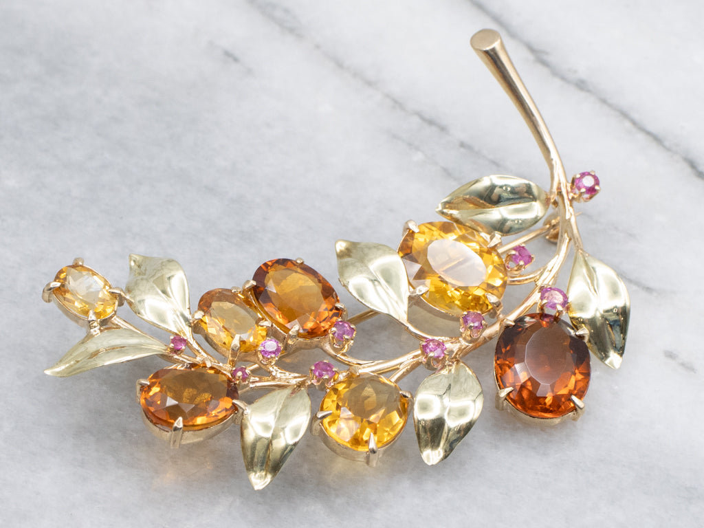 Vintage Autumn Hued Citrine and Ruby Botanical Brooch