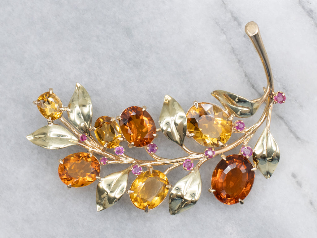 Vintage Autumn Hued Citrine and Ruby Botanical Brooch