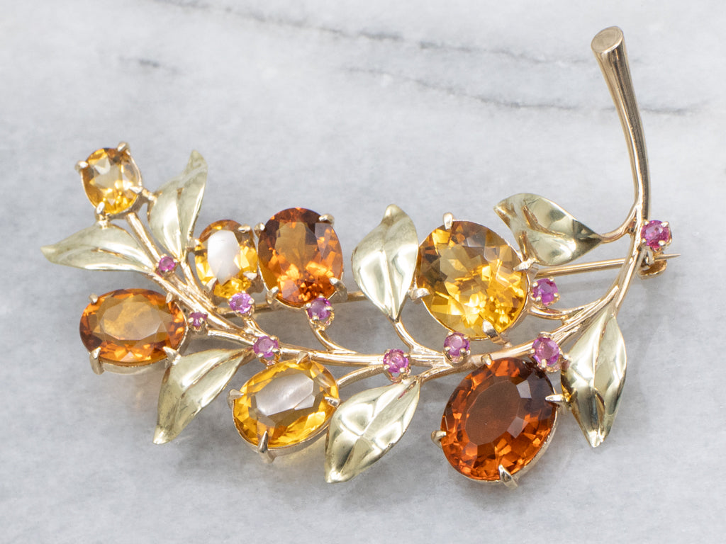 Vintage Autumn Hued Citrine and Ruby Botanical Brooch