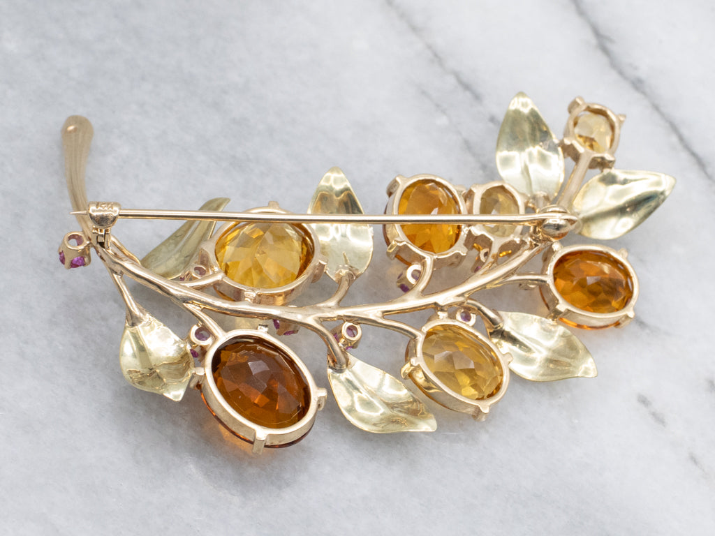 Vintage Autumn Hued Citrine and Ruby Botanical Brooch