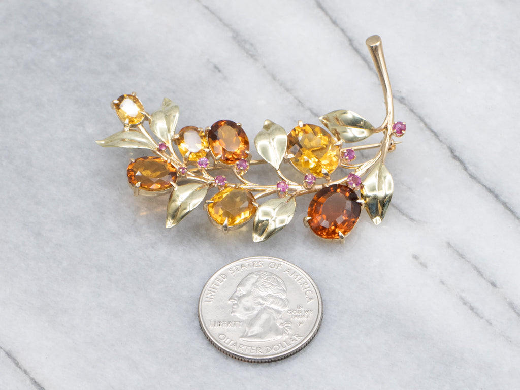 Vintage Autumn Hued Citrine and Ruby Botanical Brooch