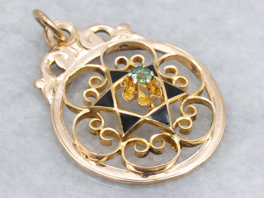 Buttercup-Set Emerald Doublet and Black Enamel Gold Star Pendant