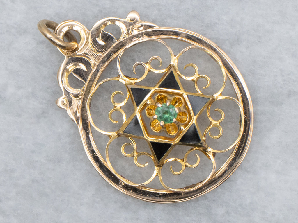 Buttercup-Set Emerald Doublet and Black Enamel Gold Star Pendant