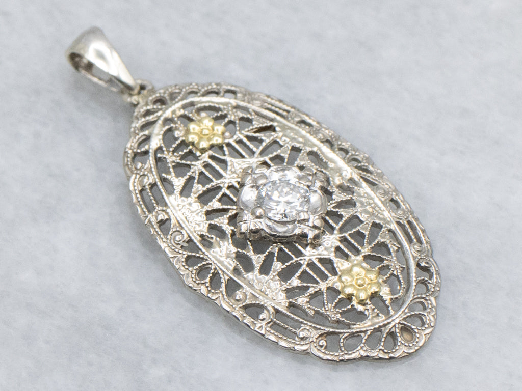 European Cut Diamond Art Deco Floral Filigree Pendant