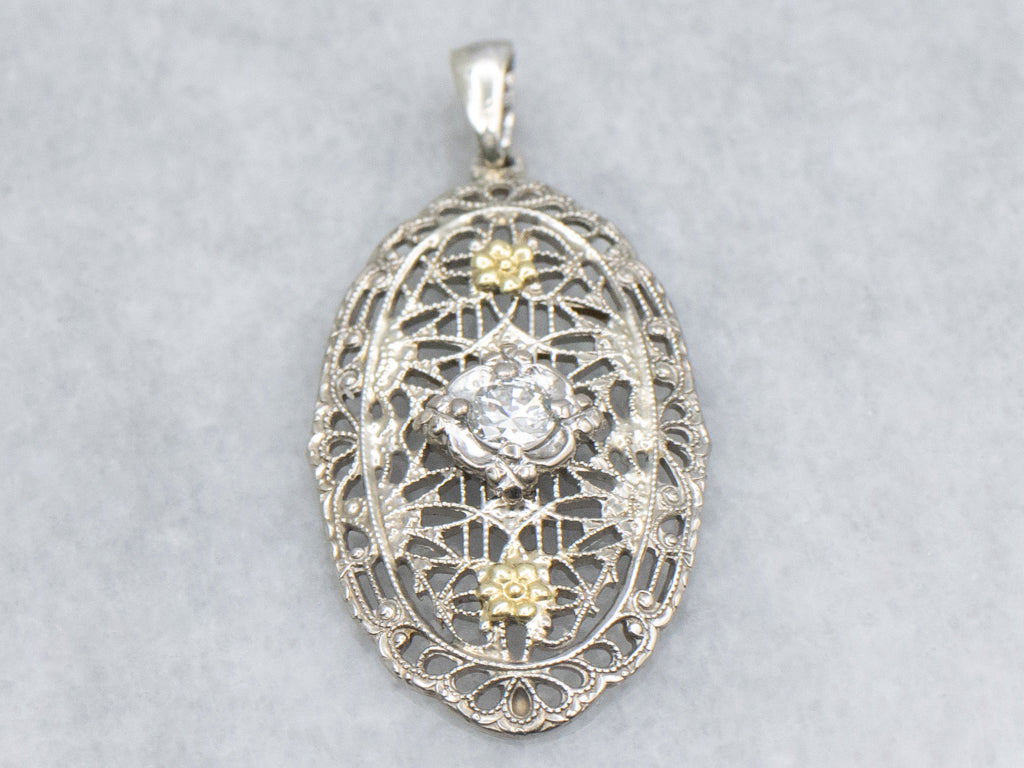 European Cut Diamond Art Deco Floral Filigree Pendant