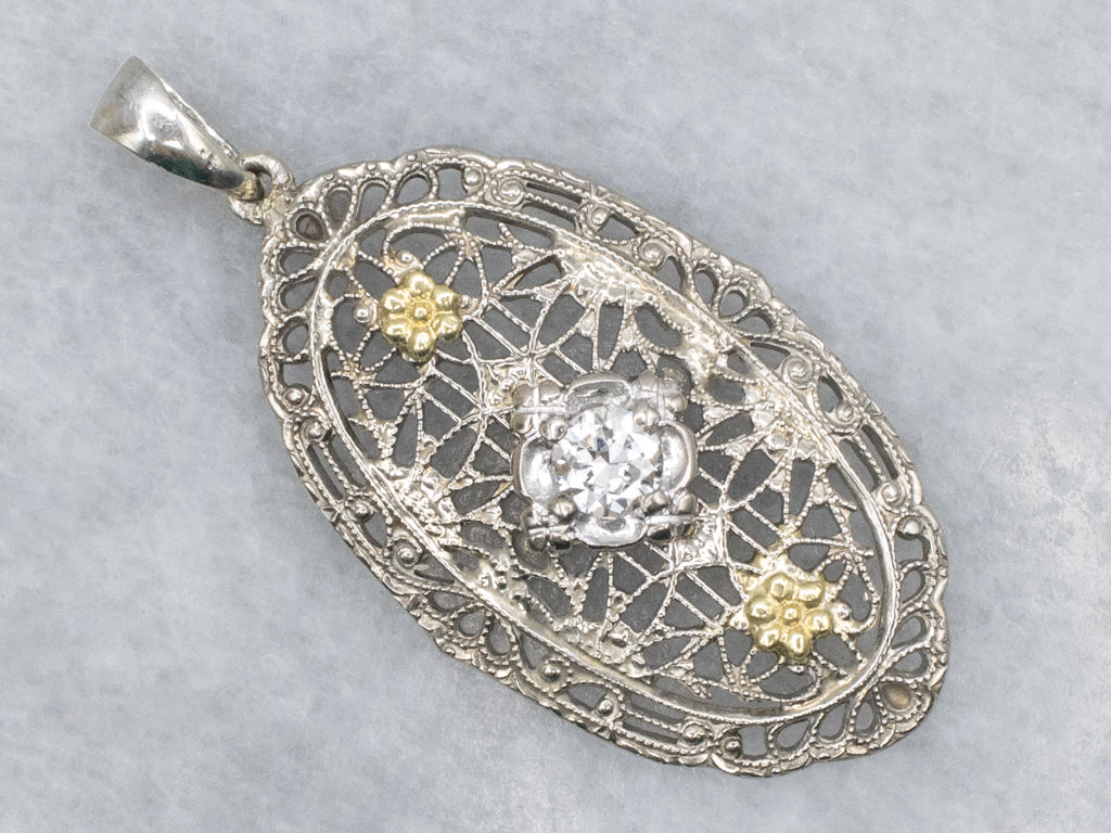 European Cut Diamond Art Deco Floral Filigree Pendant
