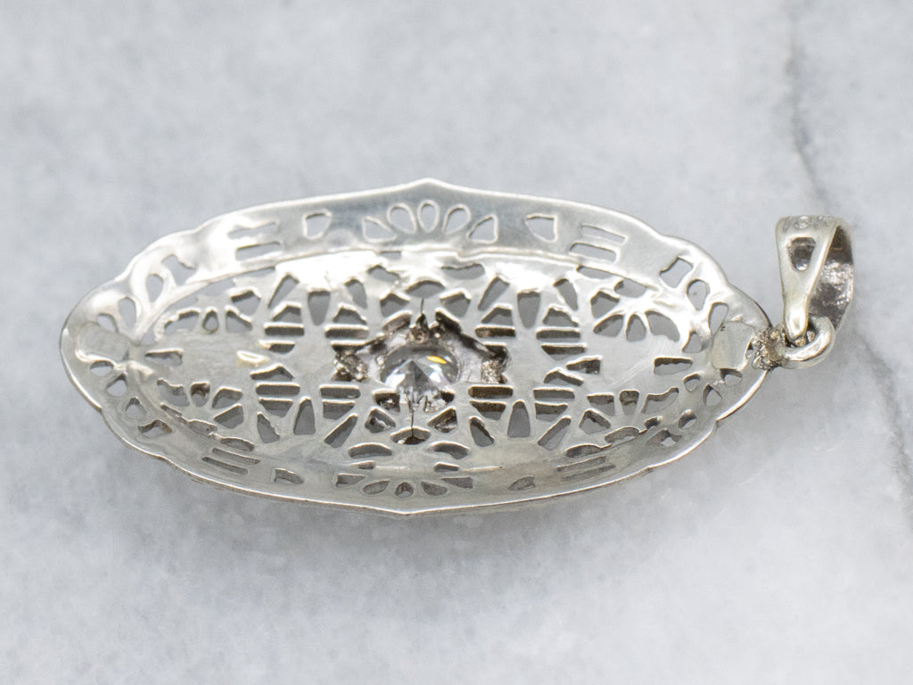 European Cut Diamond Art Deco Floral Filigree Pendant